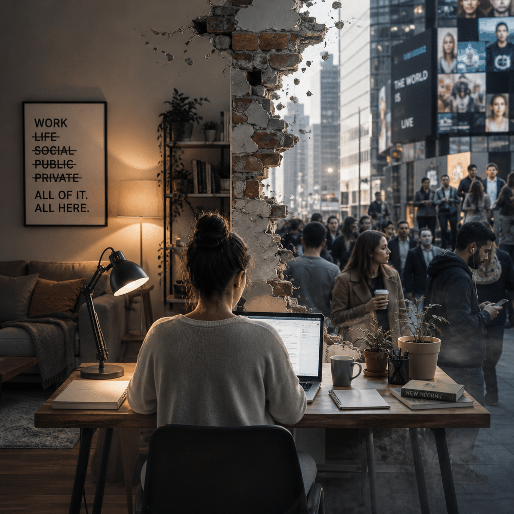 The New Normal: 7 Alarming Lessons From Boundary Collapse 8 The New Normal - Woman working at a home office desk beside a broken wall where a crowd on a busy street shows people going about their busy lives.
