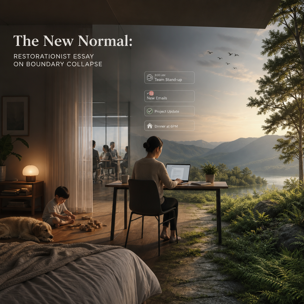 The New Normal: 7 Alarming Lessons From Boundary Collapse 10 A child plays with blocks while a woman works at a modest desk using a laptop. Behind a curtain in the baclground are workers in a boardroom setting. It shows the mixing of work and home.