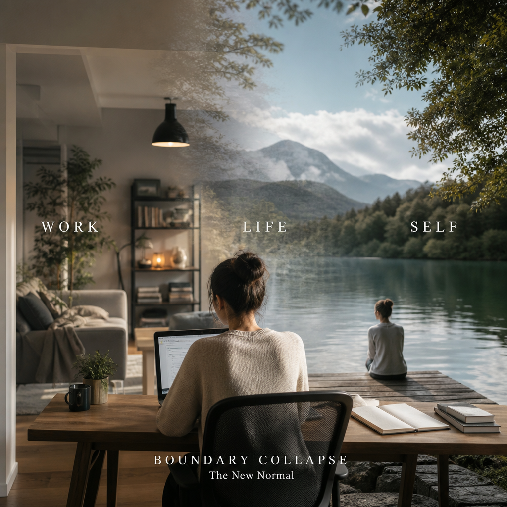 The New Normal: 7 Alarming Lessons From Boundary Collapse 9 Image shows a woman at her desk working. It shows a balance in her life as work, life and self.
