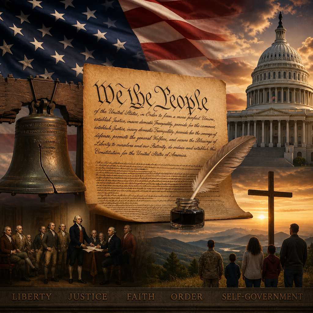 A patriotic illustration of symbols of our republic with and image of the US Constitution centered on the page.