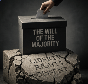 American Exceptionalism and the Tyranny of the Majority 2 Image shows liberty and individual rights being crushed by majority rule