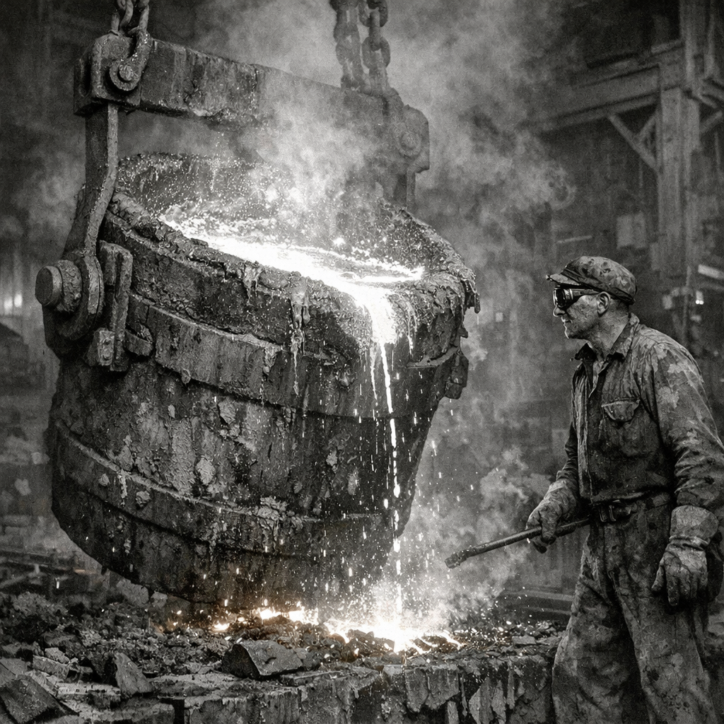 5 Key Insights on Industrial Capacity: What We Lost and Must Rebuild 5 A Molten Steel Ladel in a Steel Mill in the Pre-WWII era Illustrating America's Industrial Capacity.